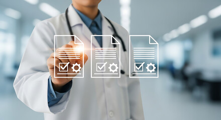 Doctor interacting with digital medical records ensuring quality care with cutting edge tech