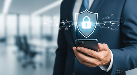 Man holding phone with security shield digital data protection and secure access