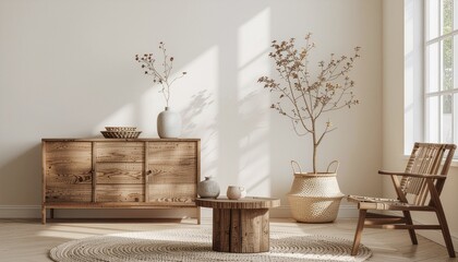 Sunlit Minimalist Living Room with Rustic Wooden Furniture and Dried Plants