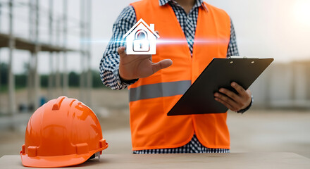 Construction worker managing home security with digital interface and planning on site