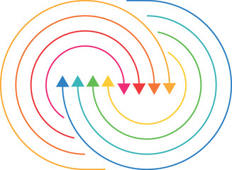 Colored and double arrows with shadows, round arrows, business and economic circles. COLORFUL ARROWS