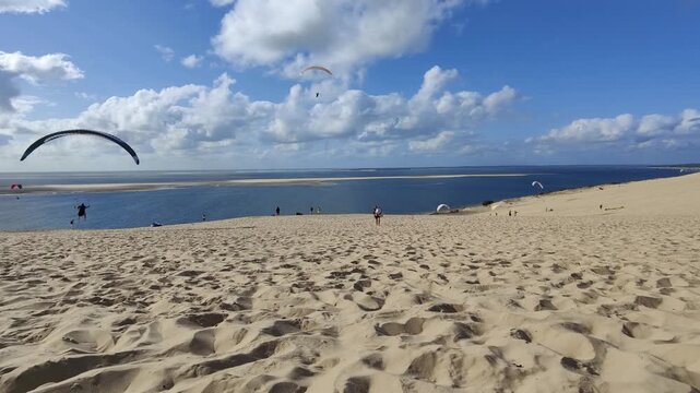 People paragliding at the Great Dune of Pilat, Arcachon Basin, Nouvelle Aquitaine, France.