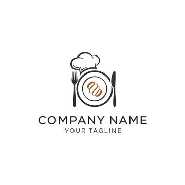 cheft hat  logo design for restaurant with plate and spon