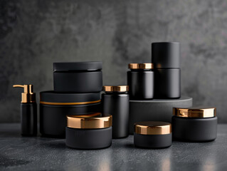 Vials and jars for skin care with golden metal caps on black background. Advertising luxury cosmetic products. Minimalism style. Copy space.