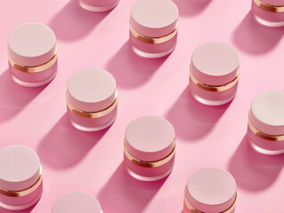 Vials and jars for skin care with golden metal caps on pink background. Advertising luxury cosmetic products. Minimalism style. Copy space.