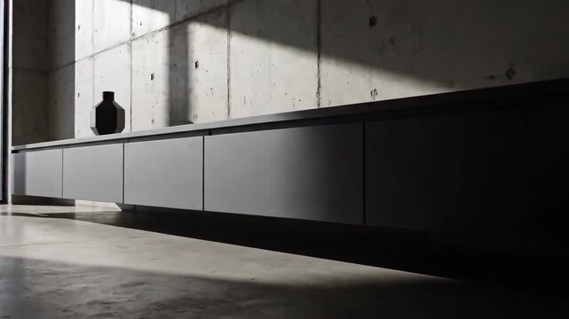 Shadows Dance on Modern Minimalist Decor Displayed in a Concrete Interior.