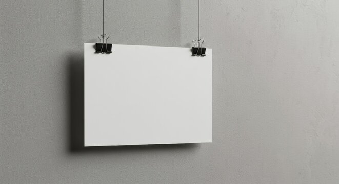 Blank white poster hanging with binder clips against minimalist gray wall