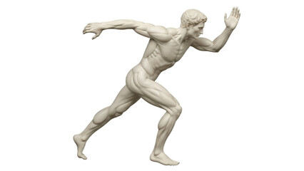 Isolated male marble sculpture in a running pose, athletic marble figure on display