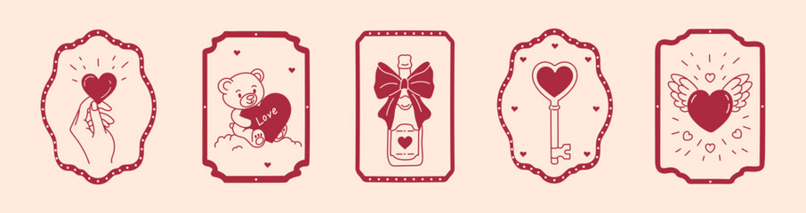 Cute valentine day card design with love and heart symbols, happy mood.Creative concept with frames filled with love elements in red tones, vector illustration for web, graphic, and digital use.