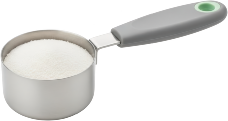 Stainless steel measuring cup holding a white granular ingredient featuring a grey handle with a light green hanging hole detail isolate Baking Cooking