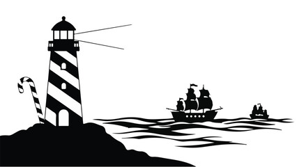 Lighthouse guides sailing ship through ocean waves towards distant islands