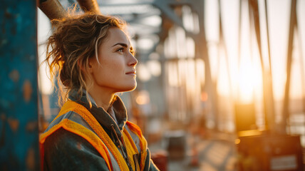Female civil engineer oversees bridge construction at sunset