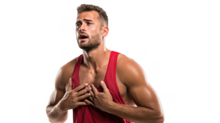 Muscular young man is experiencing intense chest pain, clutching his chest with both hands and grimacing in discomfort, against a transparent background