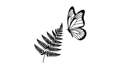 Obraz premium Elegant butterfly flutters near delicate fern frond on a clean white background.