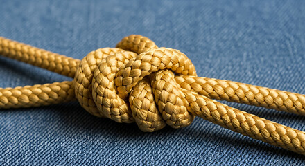 Golden Synthetic Rope Knot on Blue Denim