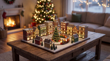 A miniature Christmas town with a train and a Christmas tree on a table in a cozy living room.
