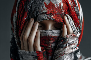Girl covering her face with vibrant UAE fabric in a serene setting
