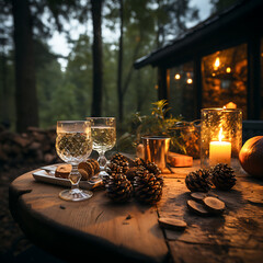 Enchanting Forest Cabin at Night with Wine and Festive Candle Table