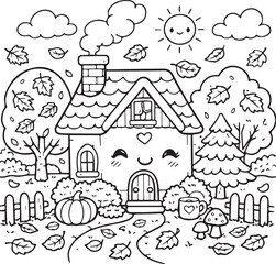 A cartoon vector illustration of a summer cottage building featuring a modern roof design and window architecture set within a village landscape of green trees and a clear blue sky