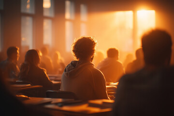 Workers engage in focused retraining session during golden hour light