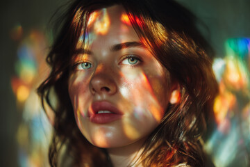 Woman surrounded by colorful prism light in a natural setting