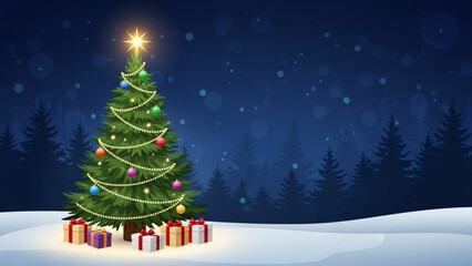 Fototapeta premium A Sparkling Christmas Scene: A beautifully decorated Christmas tree, adorned with twinkling lights and colorful ornaments, stands proudly amidst a serene winter landscape.