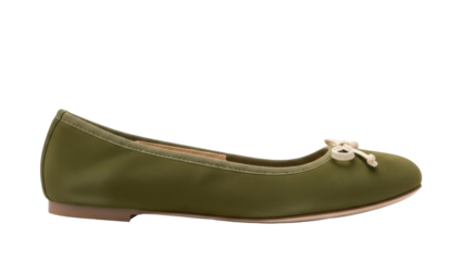 Isolated olive green ballet flat with decorative ribbon knot on upper part on display