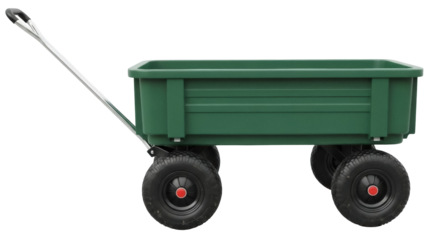Isolated garden cart with four wheels and handle for hauling materials on a yard lawn