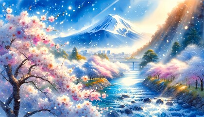 桜と富士山。日本の春イメージの水彩風イラスト