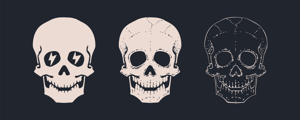 Death Skull Crossbones set. Retro hand drawn white skull, cross bones, white pirate flag. Vintage poster black skull skeleton, white background, celebration Halloween. Vector Illustration