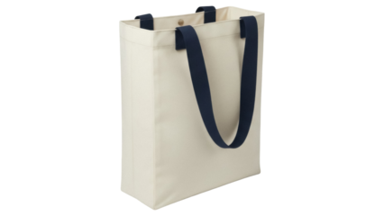 Isolated beige canvas tote bag with navy handles, promotional shopper, reusable grocery bag