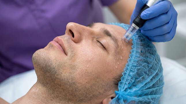Professional dermatologist performing microneedling mesotherapy treatment on man's forehead in beauty clinic for skin rejuvenation