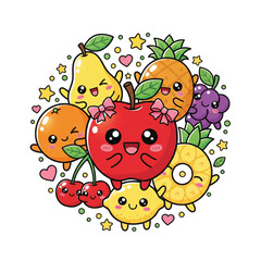 Fototapeta premium Cute cartoon fruits with smiling faces and colorful leaves