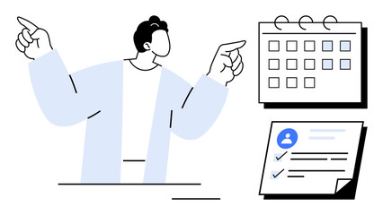 Time management, organization, task planning, productivity, professional workflow, team coordination. Person gesturing at a calendar and checklist. Time management and organization concept