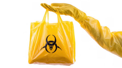 Scientist wearing yellow gloves and a lab coat holds a yellow biohazard bag containing hazardous medical waste, isolated on a transparent background