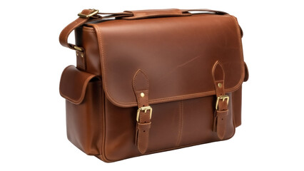Isolated brown leather satchel bag with buckles and shoulder strap for professional use