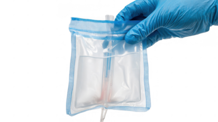 Gloved hand holding a catheter output bag containing a syringe with red liquid, isolated on a transparent background, provides a sterile and informative view for medical and healthcare content