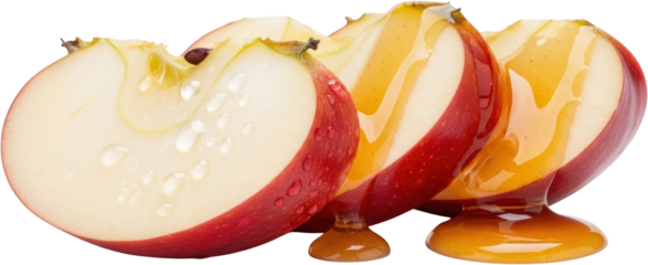Three crisp red apple slices with water droplets and thick caramel sauce dripping downwards isolate Fruit Dessert Candy Sweet transparent background Food