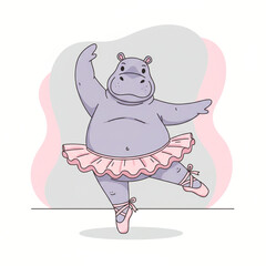 Fototapeta premium Adorable hippopotamus wearing a pink tutu dancing ballet, graceful animal character illustration