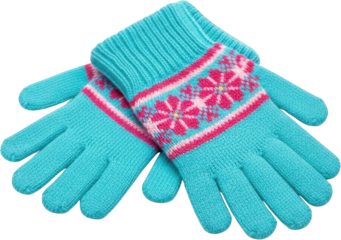 A pair of brightly colored turquoise knitted gloves featuring pink and white fair isle flower patterns across the wrist area isolate Winter Accessories