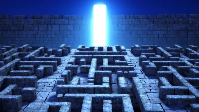 A stone maze with a bright light at the end, set against a dark blue sky