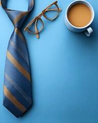 Clean and elegant Father&rsquo;s Day flat lay featuring a striped necktie, coffee cup, and eyeglasses arranged neatly on a blue background, shows fatherhood, professionalism, and a stylish morning routine