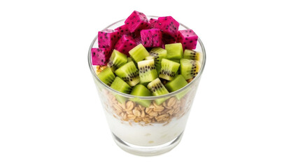 Isolated glass of healthy breakfast, layered yogurt with granola and diced kiwi and dragon fruit