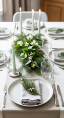 Fototapeta premium Elegant Festive Table Setting with Candles and Evergreen Branch Decoration