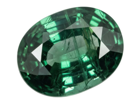 Isolated oval faceted rich green tourmaline gem, top view. Jewelry stone for crafts, design