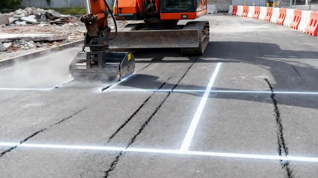 Medium shot of heavy machinery marking and sectioning pavement areas as part of detailed demolition prep work