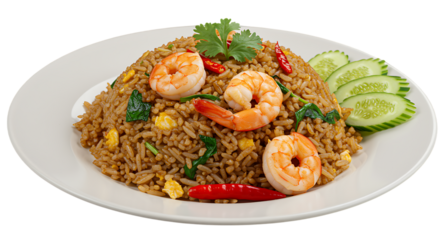 Delicious shrimp fried rice with garnishes a presentation on transparent background