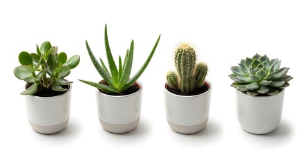 Four potted succulents in white pots arranged in a row showcasing different types of indoor plants