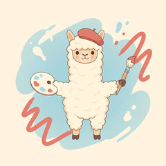 Obraz premium Adorable alpaca artist wearing a beret and painting with a brush, creative hobby illustration