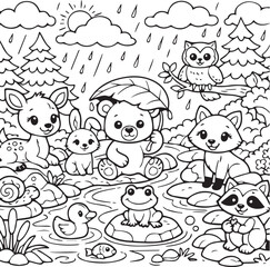Set of funny cartoon animals featuring a baby bear, rabbit, and pig in a seamless pattern vector illustration for a children's coloring book outline drawing